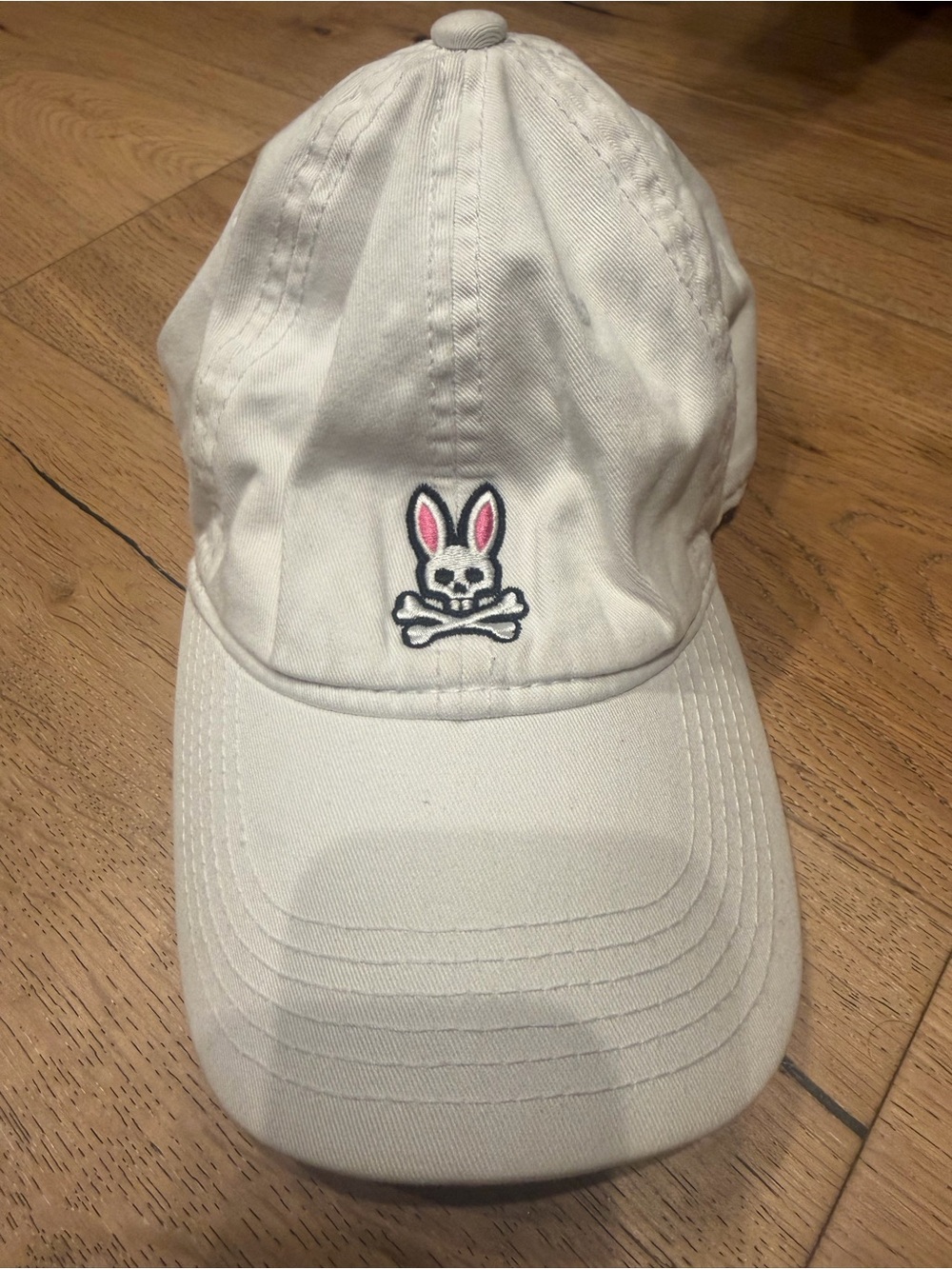 Psycho Bunny White Baseball Cap with Pink-Eared Bunny Skull